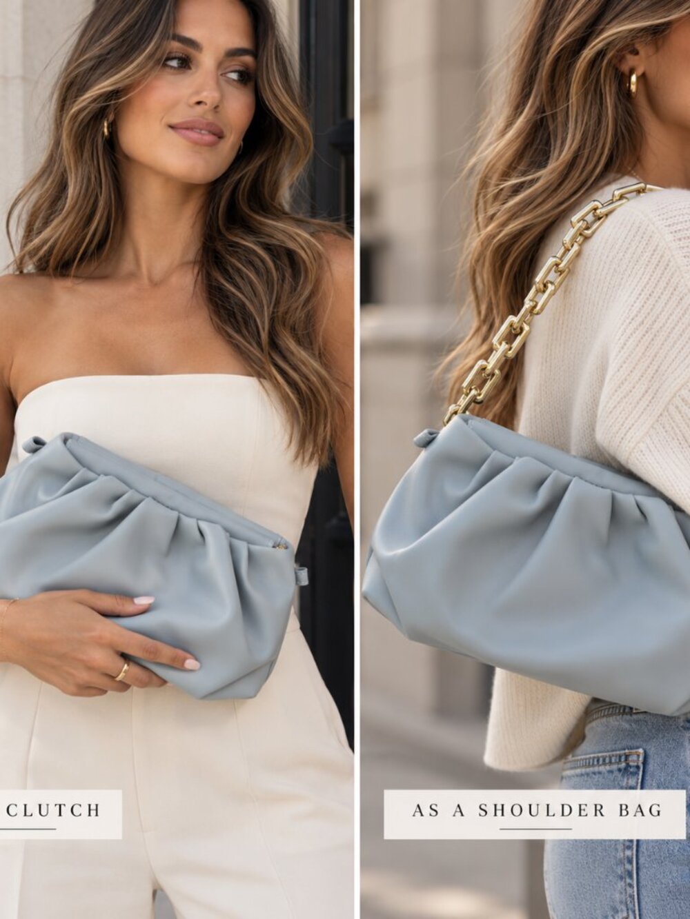 Light Blue Ruched Clutch/Shoulder Bag with Two Straps